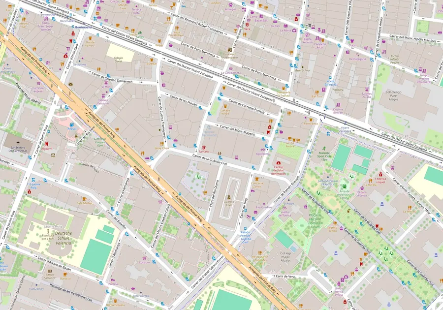 Mapa de Benimaclet con las calles alrededor del Centro de Pilates Eva Gomis, en Carrer de la Guàrdia Civil